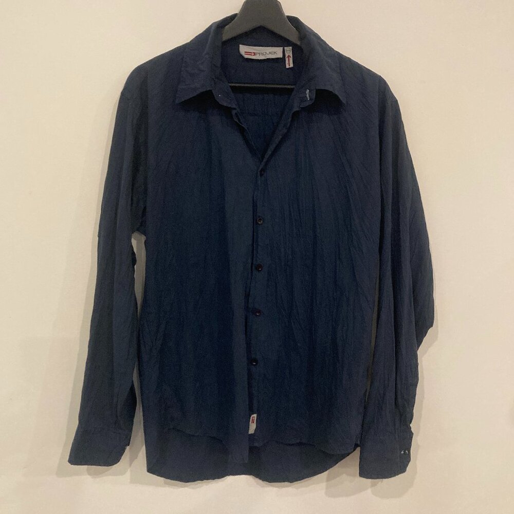 Medium Men's Vintage Y2K Projek Raw Crinkle Shirt - Blue + Subtle Flower Print